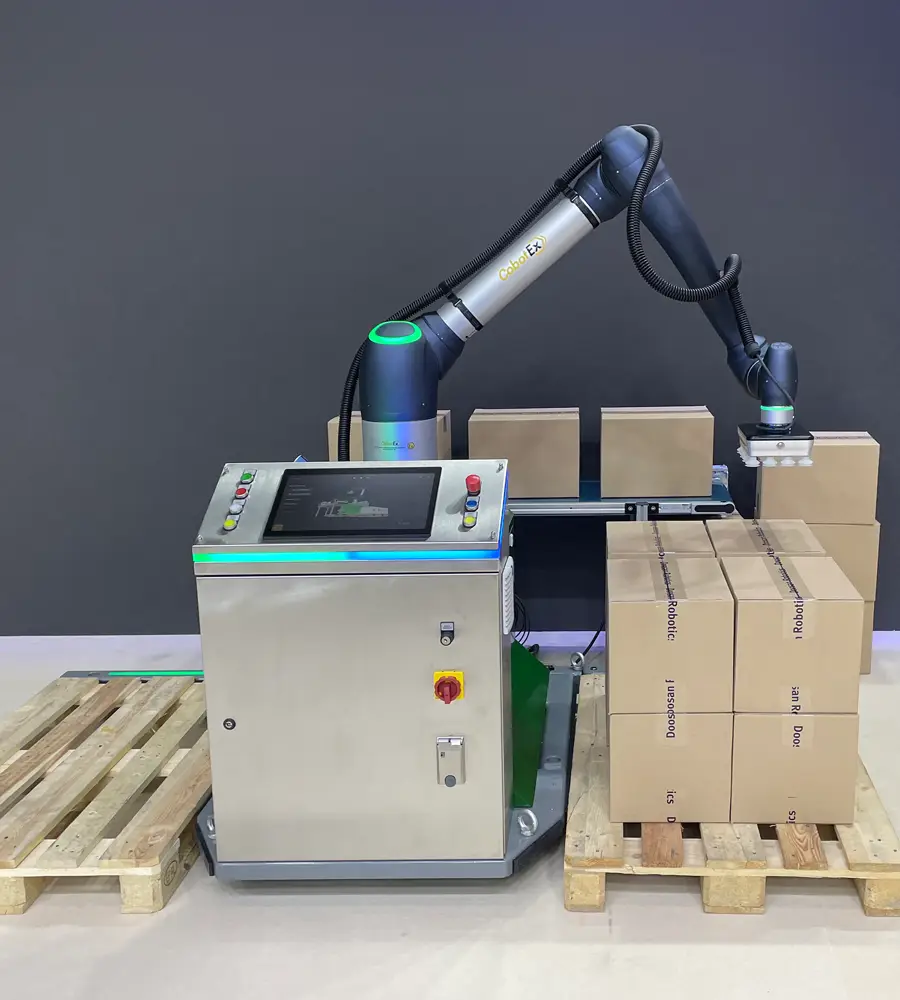 Roboter führt automatisiert palletierung von schweren Objekten durch Doosan Robotics