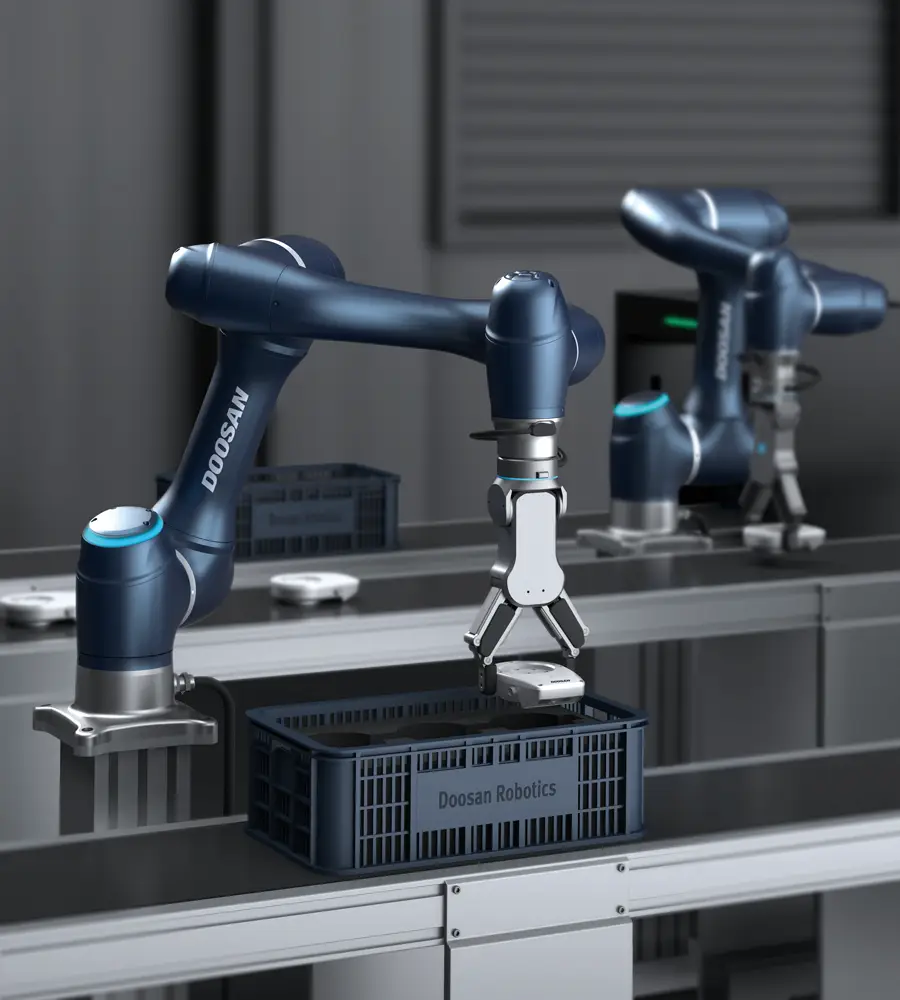 Produktionslinie Roboter führt automatisiert Pick and Place arbeiten aus Doosan Robotcs