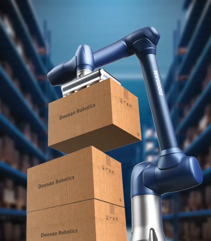 Roboter palletiert automatisch schwere Lasten Doosan Robotics Cobots