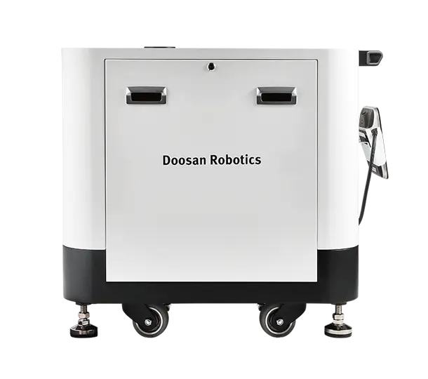 Der mobile Sockel bietet Platz für den Roboter, das Steuergerät und das Bedientableau